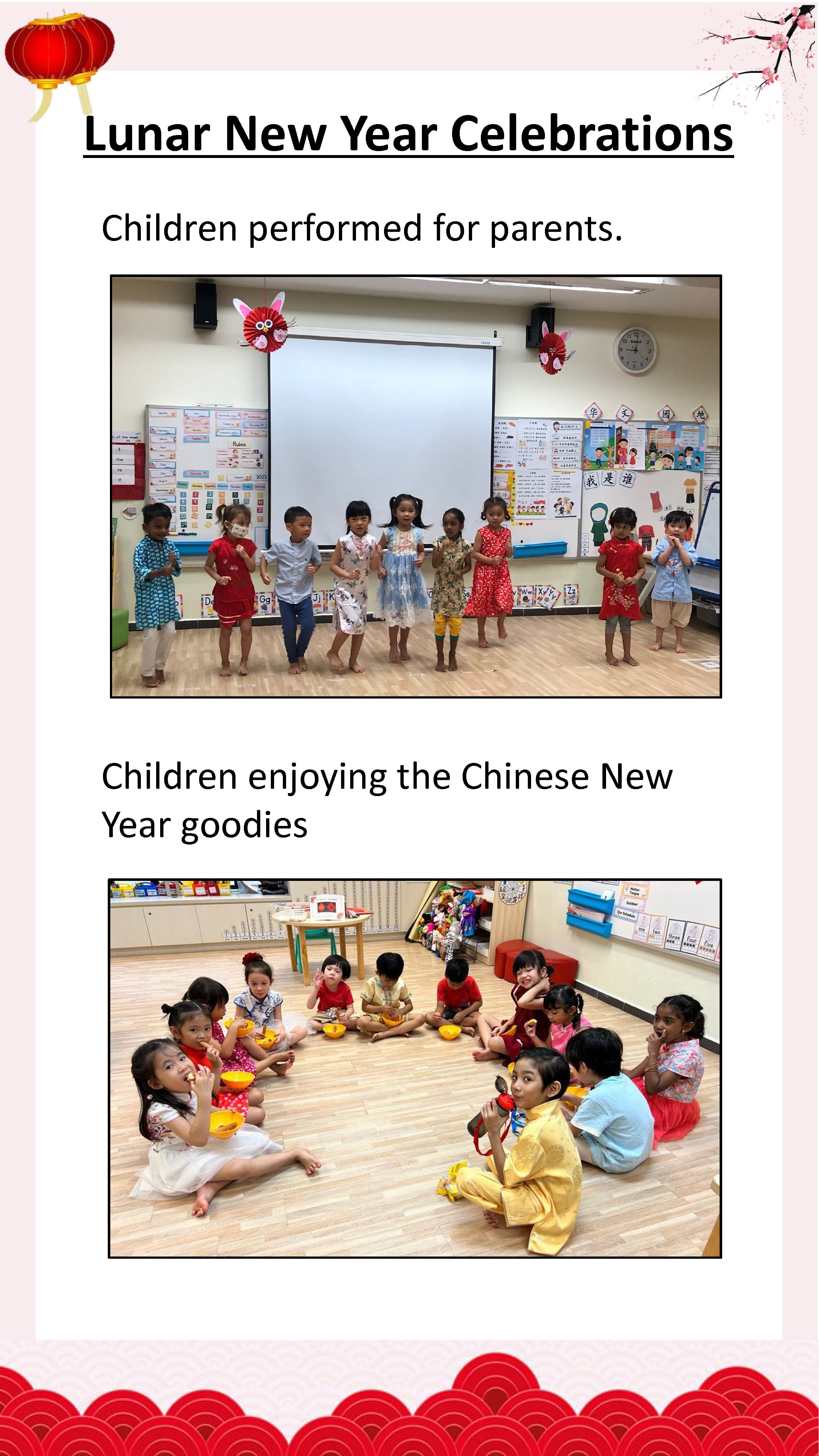 Children perform Lunar New Year songs and dances for parents, then enjoy festive snacks and traditional treats together in class.